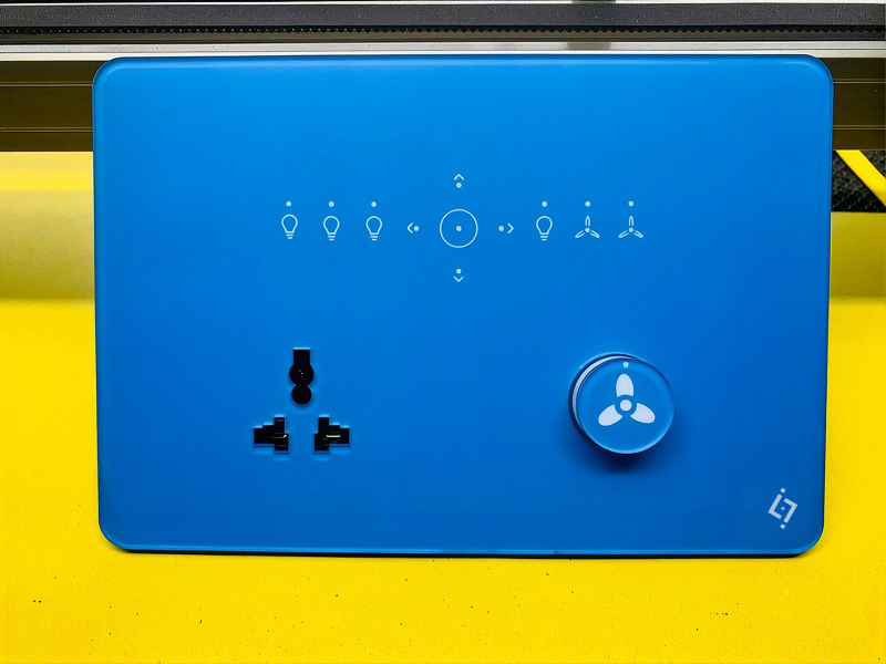 Bright blue panel with fan dial