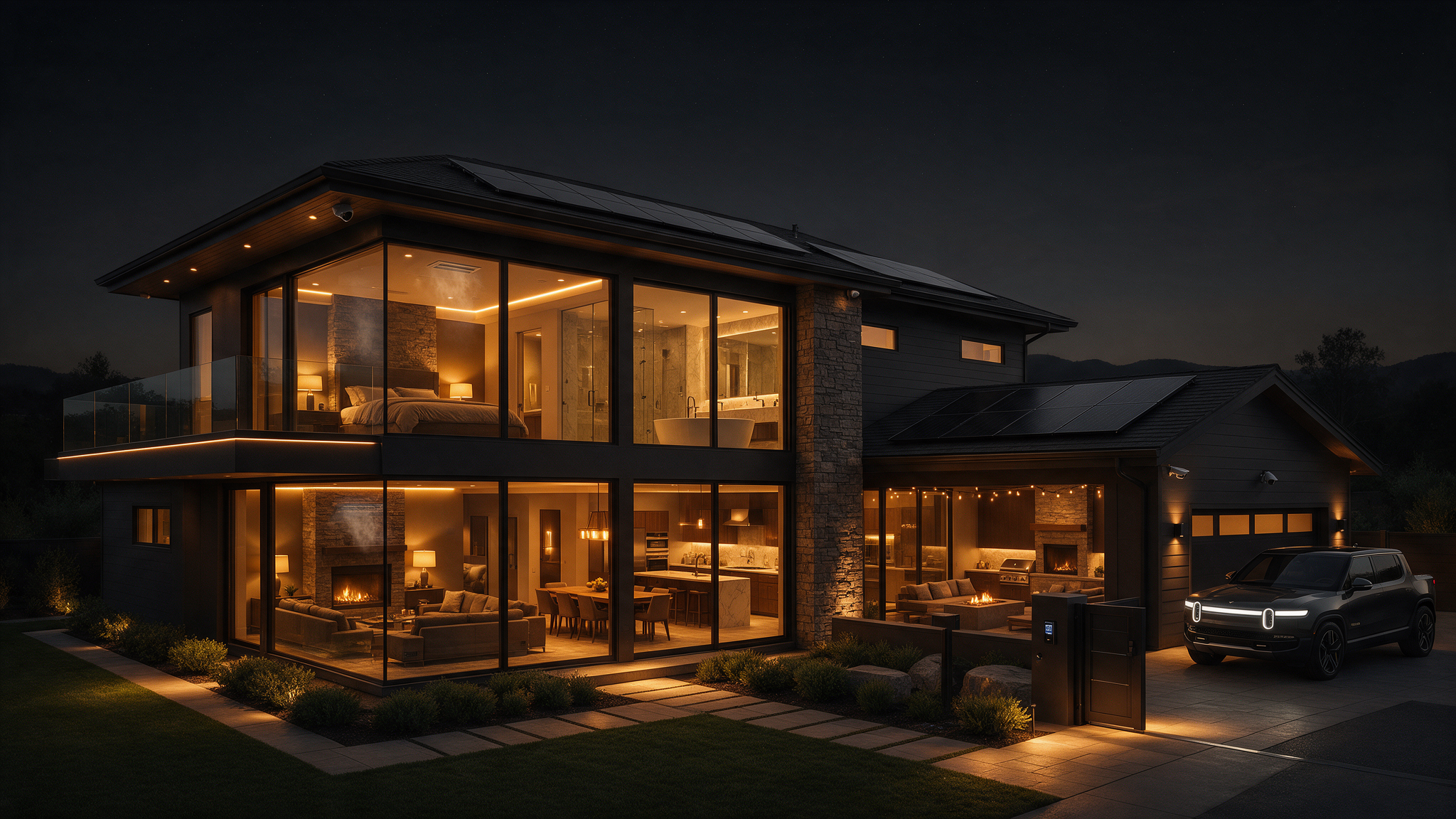 A warmly lit home at night