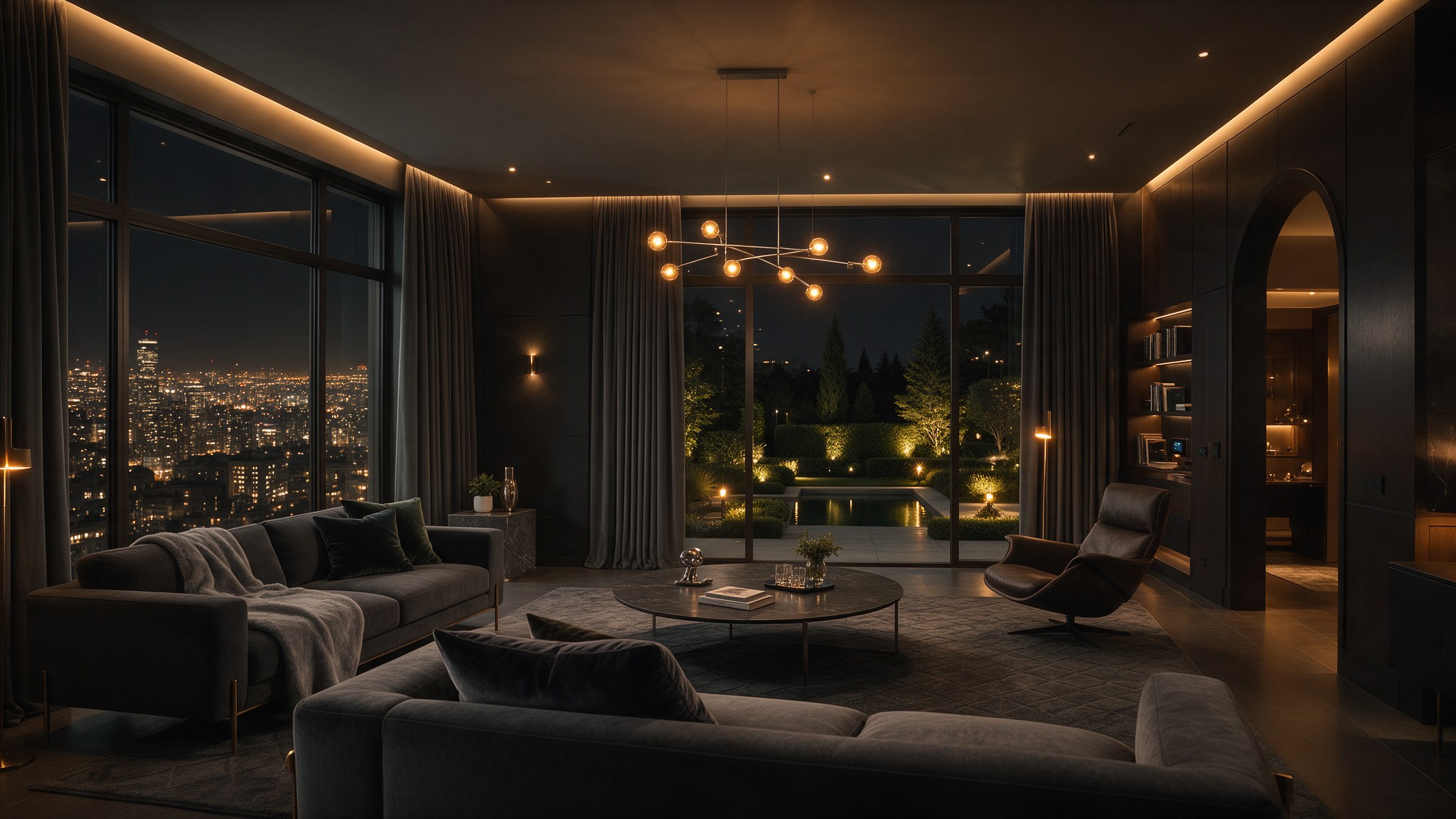 Warmly lit living room opening onto a tranquil garden