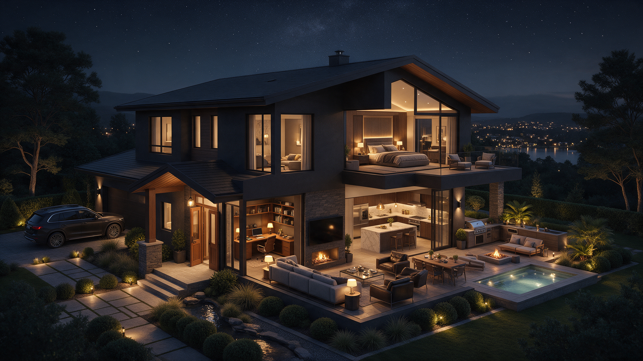 Architectural home view showing living spaces and outdoor areas